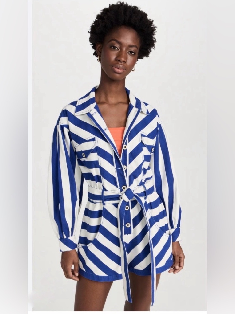 FARM Rio Navy and White Striped Button-Front Shirt Jacket